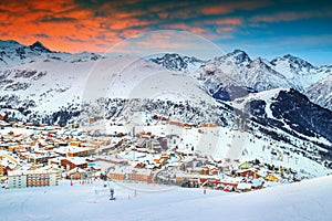 Wonderful sunrise and ski resort in the French Alps, Europe