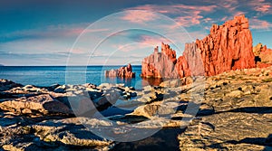 Wonderful sunrise view of Red Rocks Beach, Arbatax. Picturesque spring seascape of Mediterranean sea. Marvelous outdoor scene of S