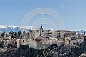 Wonderful view of the Alhambra on a hill with some green trees with a snowy mountain in the background