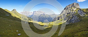 Wonderful view of the Dolomites - On background the view of Sella mountains with Sass Pordoi and SoÃ©l Italy. In foreground the