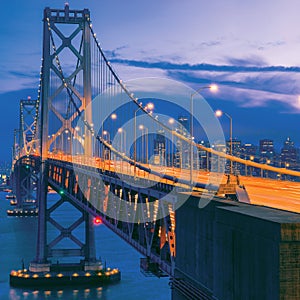 Wonderful view from the height of Oakland Bridge in San Francisco after sunset