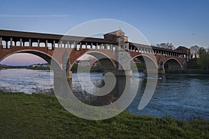 wonderful view of Ponte Coperto Pavia (covered bridge) at blue hour