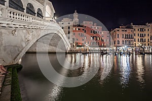 A wonderful view of Rialto Bridge at night in Venice, Italy