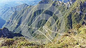The view from the top of the winding Estrada do Rio do Rastro that enchants tourists who visit the lookout to enjoy its photo