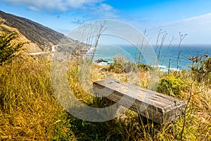 Wonderful viewing point with a bench on the pacific coast at Big Sur, California