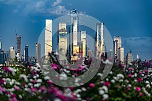 Wonderful viewpoint with flowers to enjoy the wonderful skyline in the background with the skyscrapers of Manhattan.