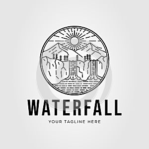 Wonderful waterfall on nature with mountain logo vector illustration design
