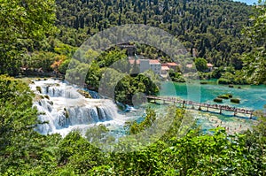 Wonderful waterfall Skradinski Buk on a sunny day. View from above