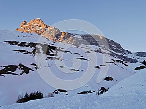 Wonderful winter landscape in Partnun. Praettigau, Graubuenden, Switzerland. Sulzfluh at sunset.