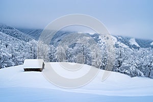 Wonderful winter scenery with mountain hut