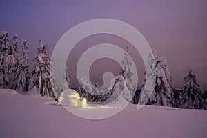 Wonderful winter scenery with snow igloo at night