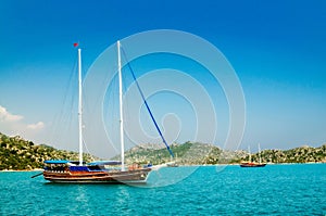 Wonderful yachts in the bay. Turkey. Kekova. photo