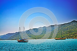 Wonderful yachts in the bay. Turkey. Kekova.