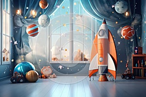 Wonderfull interior with cosmos theme and cute Rocket, anniversary smash cake backdrop