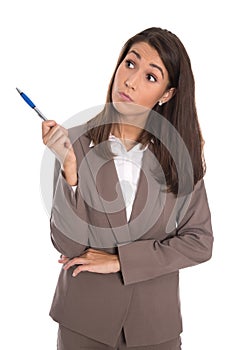 Wondering isolated business woman looking sideways to the text.