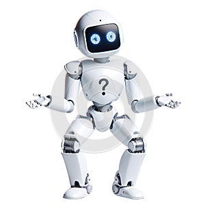 Wondering Robot Character with Question Mark Display, AI Thinking Concept
