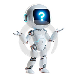 Wondering Robot Character with Question Mark Display, AI Thinking Concept