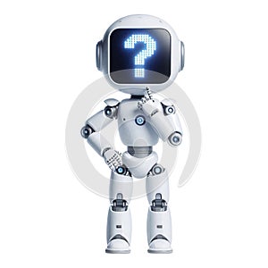 Wondering Robot Character with Question Mark Display, AI Thinking Concept