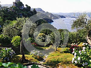 wonderland in portofino. perfect summer photo of flowers trees with a lake and mountains in the background. Italian landscape