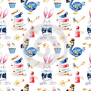 Magical pattern with bottle,Dodo bird,golden keys,cute rabbit in blue jacket,cupcake