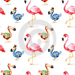 Magical pattern with fantasy Dodo birdand flamingo