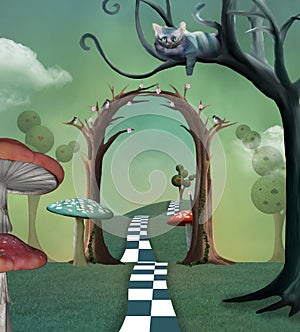 Wonderland series - Surreal countryside view with a secret  passage and cheshire cat