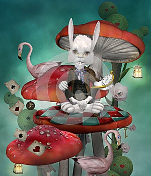 Wonderland series - White rabbit with clock sits on a mushroom