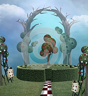 Wonderland surreal garden with a maze