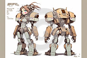 Wondrous futuristic sci-fi humanoid robot girl in battle suit character design.