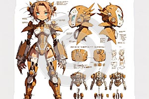 Wondrous futuristic sci-fi humanoid robot girl in battle suit character design.