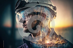 Wondrous modern oil refinery and portrait of engineer double exposure.