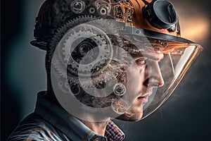 Wondrous portrait of engineer cover with steel gears in double exposure.