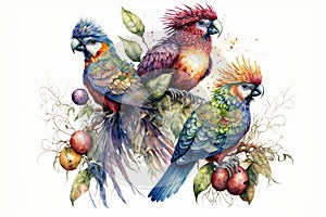 Wondrous watercolor painting of colorful birds perched on tree branch.