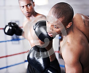 He wont get up from this one. An african american boxer delivering a knockout punch to his opponents jaw.