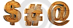 Wood alphabet. Box wood close. Dollar sign, hashtag, arroba, in 3D photo