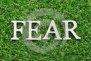 Wood alphabet in word fear on artificial green grass background