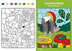 Wood animals coloring page for kids, hedgehog in forest.