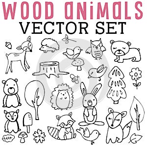 Wood Animals Vector Set with hedgehogs, birds, owls, bears, deer, bunnies, racoons, toadstools, leaves, and trees.