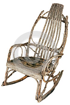 Wood antique rocking chair isolated. Amish style from the 1920 to 1930s. Worn broken weathered.