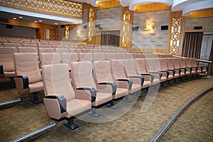 wood armed formal plush deep red velvet opera movie theater chairs in curved row with decorative gold molding in fancy carpeted
