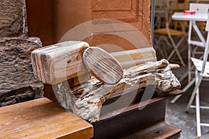 Wood art installation - Dachshund dog on a street in the city of Savona