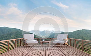 Wood balcony with mountain view 3d rendering image photo