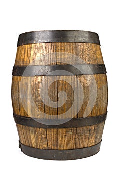 Wood barrel with steel rings on white