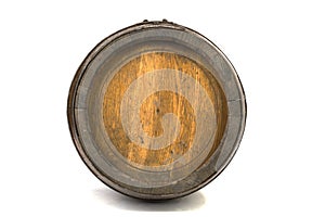 Wood barrel with steel rings on white
