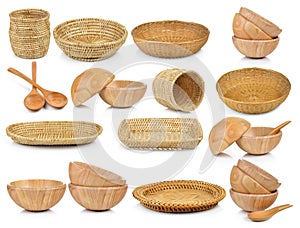 Wood basket , wood bowl , woodspoon isolated background