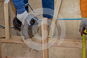 Wood beam construction on air nail gun pneumatic framing nailer