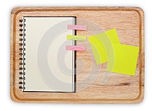 wood with blank notebook open design with notice paper