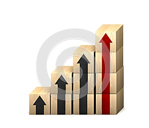 Wood block stacking as step stair with arrow up. Ladder career path concept for business growth success process