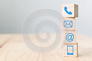 Wood block symbol telephone, mail, address and mobile phone, Web