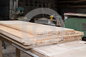 Wood boards, parquet drying on wood factory. Wood processing on factory